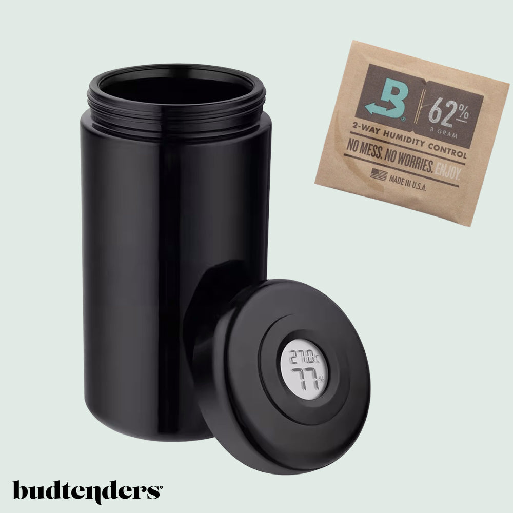 boveda aufbewahrung Cannabis Humidor premium ab 19,90€ Violettglas mit Hygrometer & Boveda – budtenders