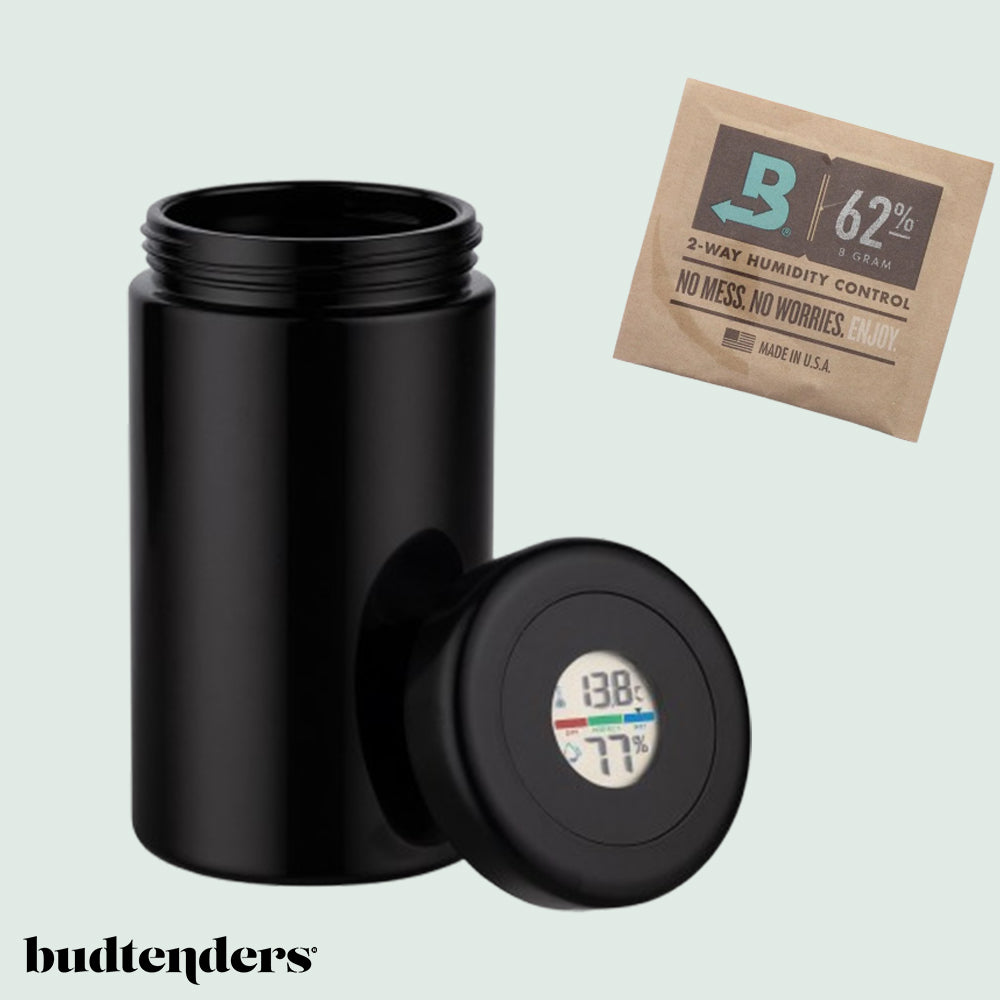 Cannabis Humidor premium ab 19,90€ Violettglas mit Hygrometer & Boveda