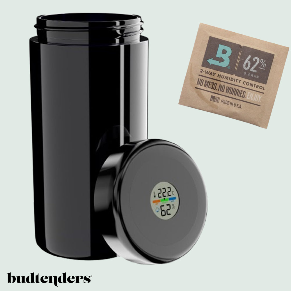 Cannabis Humidor premium ab 19,90€ Violettglas mit Hygrometer & Boveda
