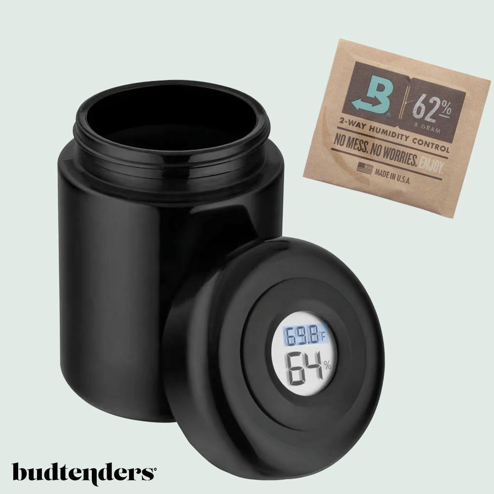 Cannabis Humidor premium ab 19,90€ Violettglas mit Hygrometer & Boveda